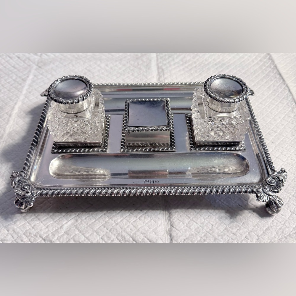 Sterling Silver, Double Cut Glass Inkwell & Nib compartment, 1924, G & S, LTD.